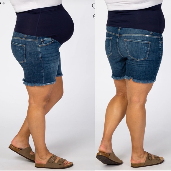 Pinkblush Dark Wash Distressed Raw Hem Full Panel Maternity Plus Size Shorts - Picture 2 of 10